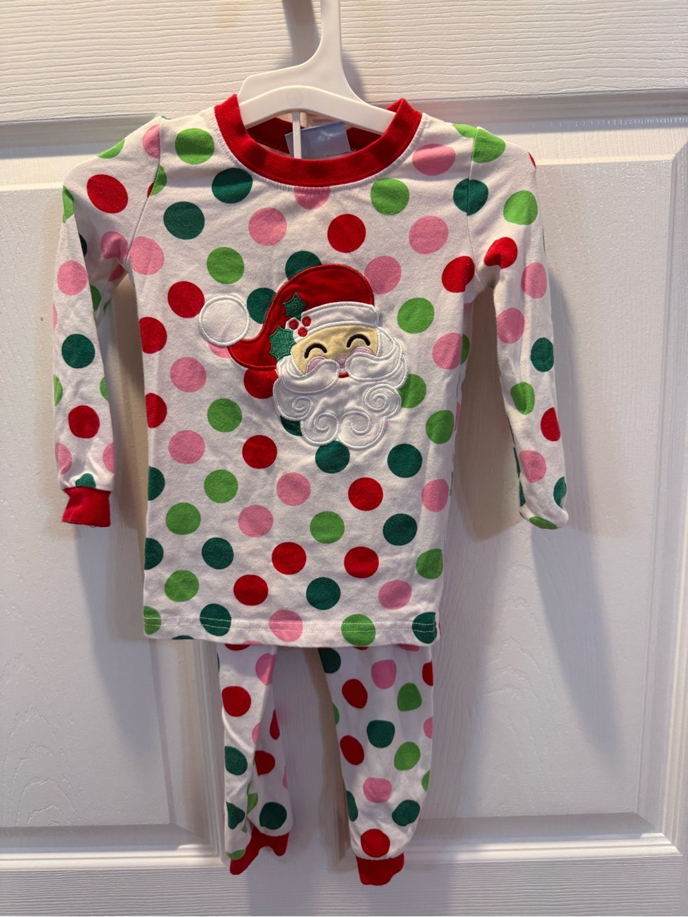 Girls' Holiday Santa Polka Dot Pajama Set - White with Red, Green & Pink